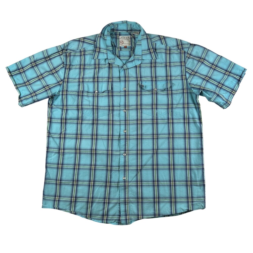 Roper Shirt Mens Large Blue Plaid Short Sleeve Western Snap Pockets Casual